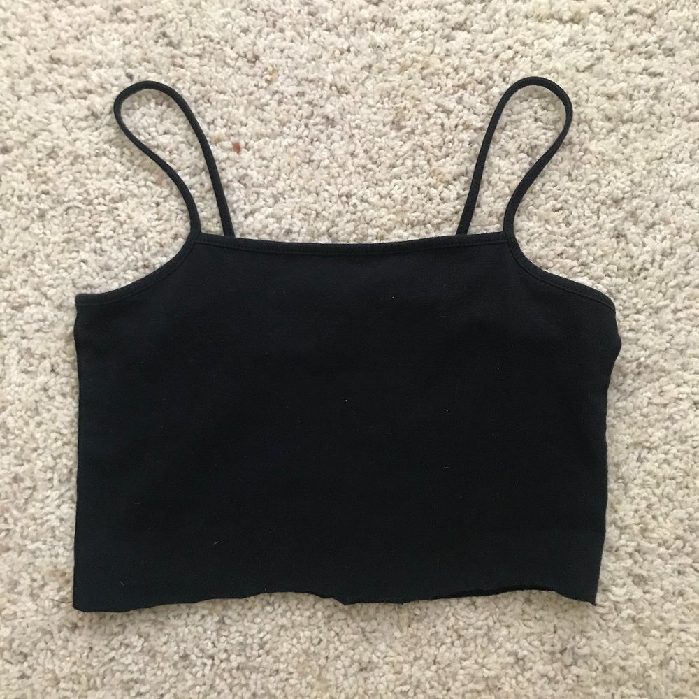 BUNDLE - two black crop tops, one spaghetti strap, one scoop neck line.